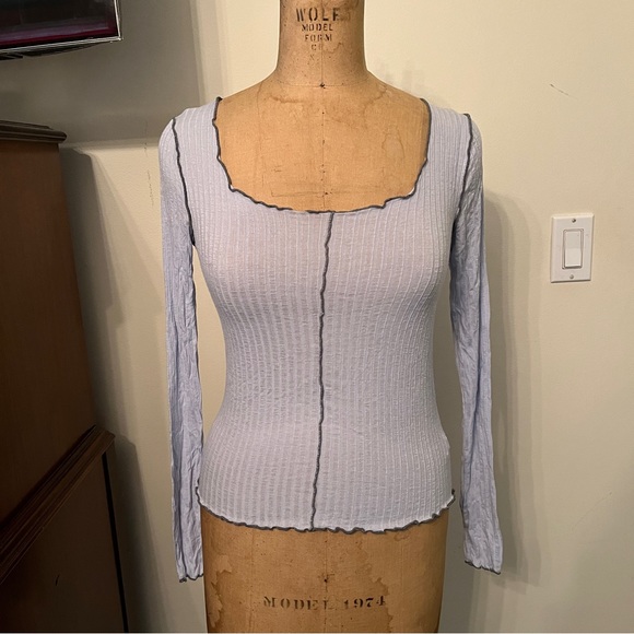 Out From Under Jesse Light Blue Lettuce-Edge Long Sleeve T-Shirt Top - Picture 2 of 7